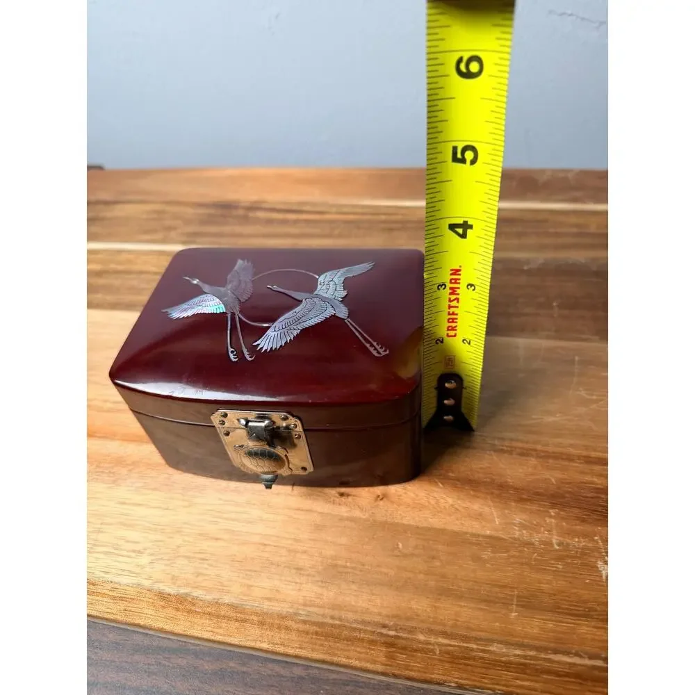 Vintage Lacquer Jewelry Box: Cranes, Turtle Clasp, Red Velvet Lined Asian Decor